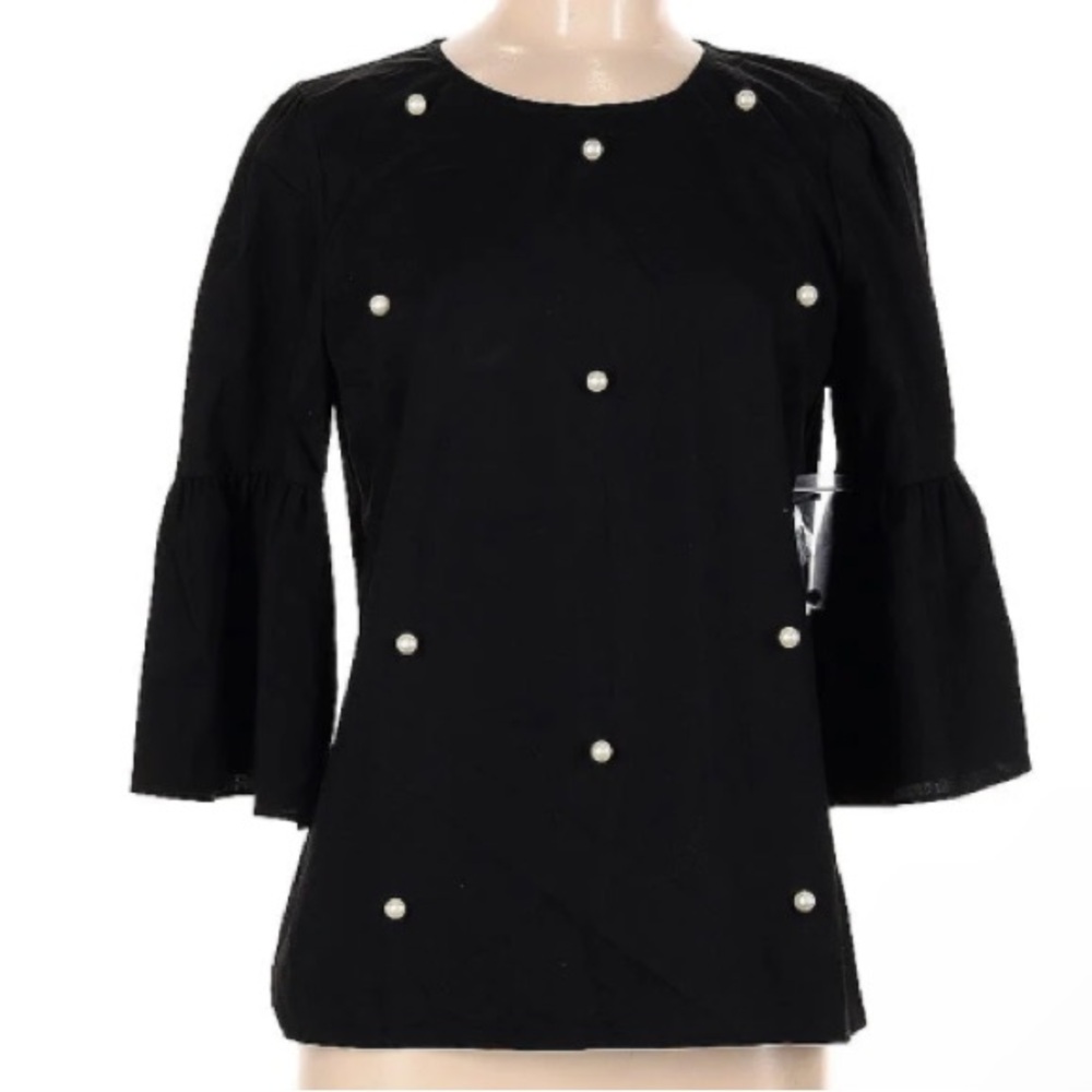 NEW a.n.a Black Bell Sleeve Blouse w Faux Pearl Embellishments Size L